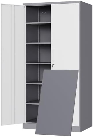 Yizosh Metal Storage Cabinet with 2 Locking Doors and 5 Adjustable Shelves, 72" Garage Storage Cabinet Steel Lockable for Office,Home,Garage