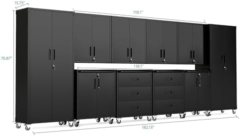 10-Piece Heavy Duty Steel Garage Cabinet System | All-in-One Modular Garage Cabinet Set for Ultimate Workshop Organization | Easy Assembly Garage Storage Cabinets & Tool Bench (Black)