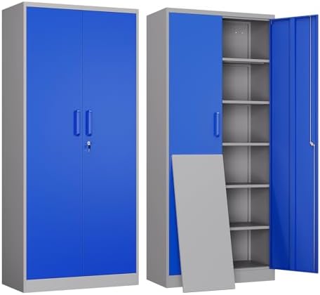 Yizosh Metal Garage Storage Cabinet with 2 Doors and 5 Adjustable Shelves - 71" Steel Lockable File Cabinet,Locking Tool Cabinets for Office,Home,Garage,Gym,School (Gray Blue)