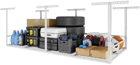 FLEXIMOUNTS 4x8ft Overhead Garage Storage Rack with Safety Rails, White