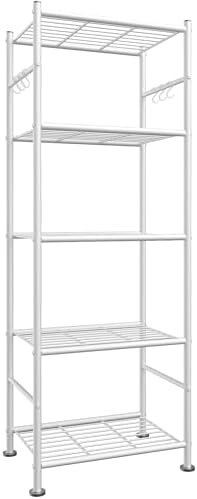 Sakugi Storage Shelves - 5-Tier Large Capacity Shelf Organizer with Hooks, Heavy-Duty Garage Shelving with Leveling Feet, Wobble-Free Rack for Bedroom, Balcony, Garage, 18.1"×12.4"×56.8", White