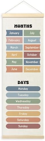 TLESKE Months of the Year Days of the Week Classroom Wall Art Poster, Educational Wall Decor Hanging Poster with Hanger Frame for Classroom, Toddlers Kids Wall Prints Picture Framed Banner, 12x35