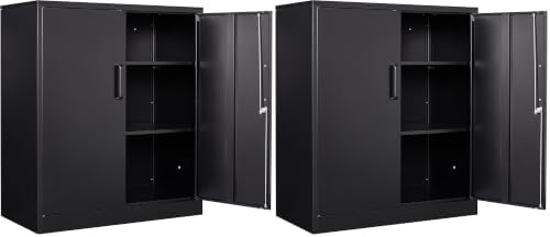 Yizosh Metal Garage Storage Cabinet with 2 Doors and 2 Adjustable Shelves - 35.5" Steel Lockable File Counter Cabinet for Home Office,Garage,Gym,School（Black） (Pack of 2)