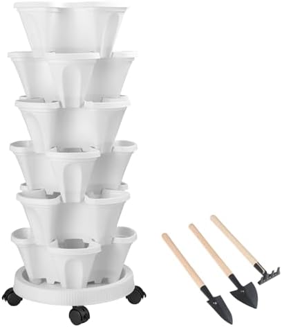 GameXcel Vertical Planter Tower - 6 Tier Stackable Garden Planters with Wheels and Tools Plant Pots for Strawberry Herb Flower and Vegetable Indoor Outdoor Use White