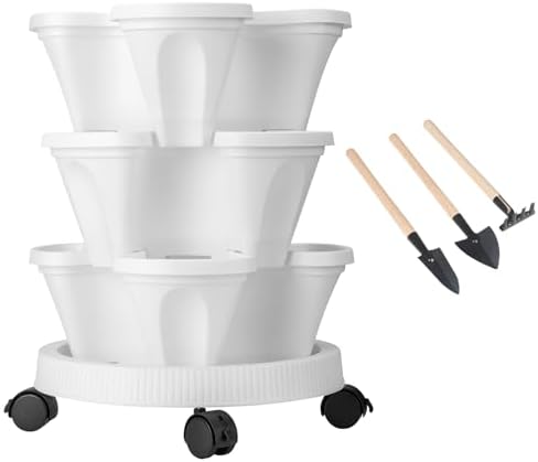 GameXcel Vertical Planter Tower - 3 Tier Stackable Garden Planters with Wheels and Tools Plant Pots for Strawberry Herb Flower and Vegetable Indoor Outdoor Use White