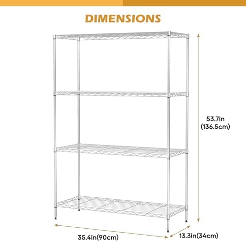 PayLessHere 4 Tier Shelving Unit 13.4" D×35" W×53.7" H Metal Shelving Standing Storage Shelf with 4 Steel Frame Adjustable Layer Racks Metal Commercial Shelf for Kitchen, Garage (Chrome)