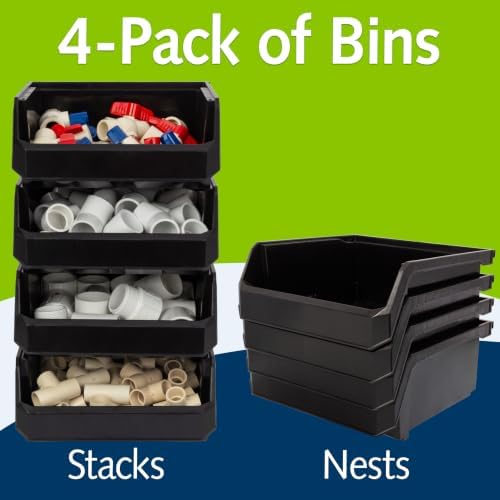 ReadySpace Medium-Wide Stackable Plastic Storage Bins, 4-Pack, Black