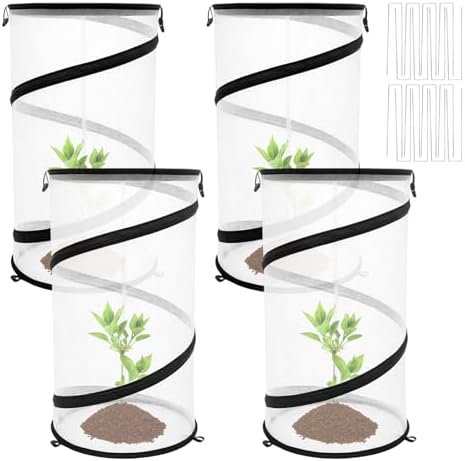Hoypeyfiy 4 Pcs Pop Up Insect & Bird Barrier Plant Cover Net, 24"x12" Round Foldable Mesh Protector, Garden Cage Guard with Stakes & Carry Bag, Keep Animals & Birds Out for Vegetables and Flowers
