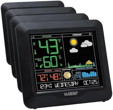 La Crosse Technology Color Forecast Station-Large Display,Temperature/Humidity Alerts,Seasonal Scenes-Indoor/Outdoor Monitoring,HI/LO Records,Barometric Pressure-Atomic Time,DST Updates (Pack of 4)