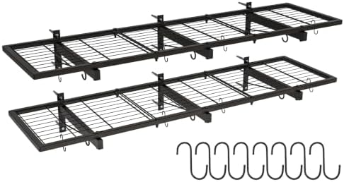 2 Pack Garage Wall Shelves, 46"X 12.5" Garage Shelving Wall Mounted, Heavy Duty Shelf Organizer with 8 Hooks, Black Floating Storage Metal Rack 320 LBS Capacity for Laundry Room, Office, Basement