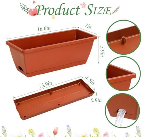 12Pcs 17Inches Rectangle Planter Box with Drainage Holes and Trays