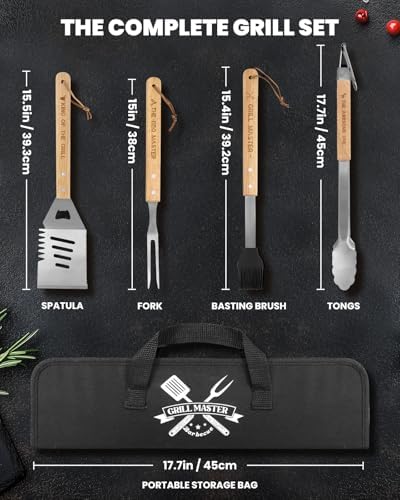 4PCS Grilling Accessories BBQ Tools - Stainless Steel Grill Set with Tongs, Fork, Spatula, Brush, Carrying Bag, Birthday for Men, Father, Husband