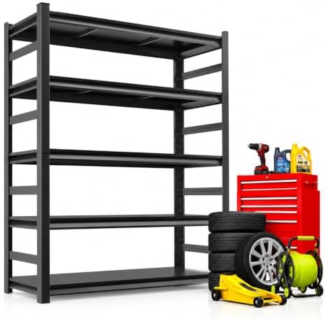 72"H Metal Garage Shelving Unit, Heavy Duty 5-Tier Adjustable Storage shelves, Steel Shelving, 3000 LBS Capacity, Industrial Shelves for Heavy Tools and Equipment, Ideal for Garage, Basement, Black