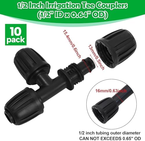 10 Pack 1/2 Inch Drip Irrigation Tee Fittings (1/2" ID x 0.65" OD) - 1/2'' Drip Line Anti-Drop Barbed Lock Nut T Connectors for 1/2 Inch Drip Irrigation Tubing System Connection