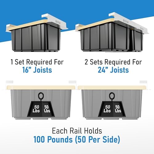 USA Based Overhead Garage Storage Rack, Connectable Heavy Duty Metal Ceiling Rails Garage Storage Organization Shelving System, Hanging Racks Tote Containers, Supports Up To 6 Bins, 4 Sets White