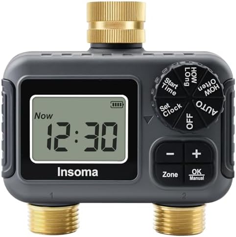 Insoma 2-Zone Water Timer Brass Inlet/Outlet, Programmable Outdoor Hose Faucet Timers with Auto/Manual Modes + Rain Delay, Waterproof Sprinkler Timer for Garden, Lawn, Yard, Pool | Save Water & Money