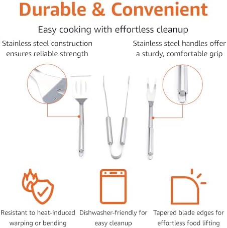 Amazon Basics 4-Piece Stainless Steel BBQ Grilling Tool Set with Carry Bag, Rust-Resistant, Dishwasher Safe