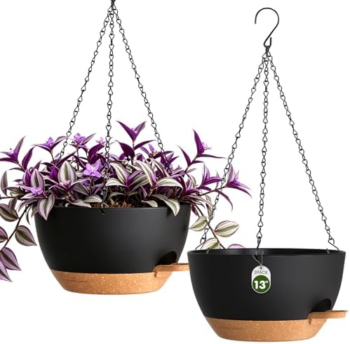 13 Inch Large Self Watering Hanging Planters 2 Pack with Saucers