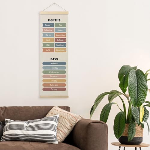 TLESKE Months of the Year Days of the Week Classroom Wall Art Poster, Educational Wall Decor Hanging Poster with Hanger Frame for Classroom, Toddlers Kids Wall Prints Picture Framed Banner, 12x35