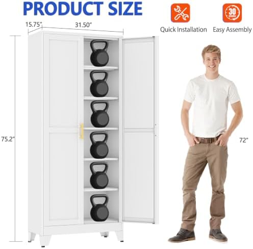 GAIOUS 75''Tall Metal Garage Storage Cabinet,File Cabinet with Door and Adjustable Shelves, Outdoor Steel Tool Cabinet for Home,Office,Warehouse,Garage,White