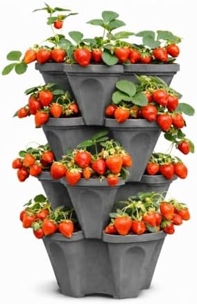 Vertical Garden Planter 4 Tier Stackable System 16 Plants, Space Saving Herb, Strawberry & Food Crop Planter with Center Support Hole for Indoor Outdoor Gardening (4, Slate Gray, Large)