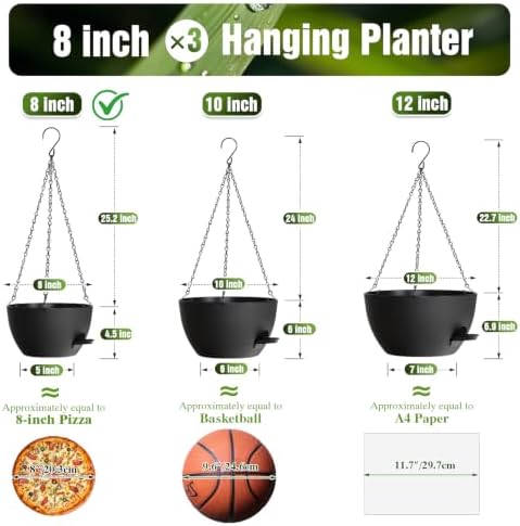 8 Inch Self Watering Hanging Planters Set of 3 with Saucers