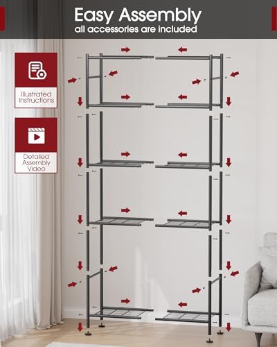 Sakugi Storage Shelves - 5 Tier Shelf Organizer, Sturdy Metal Garage Shelving with Adjustable Leveling Feet, Space-Saving Shelves Organizer for Pantry, Laundry, Kitchen (32" x 12" x 71", Black)