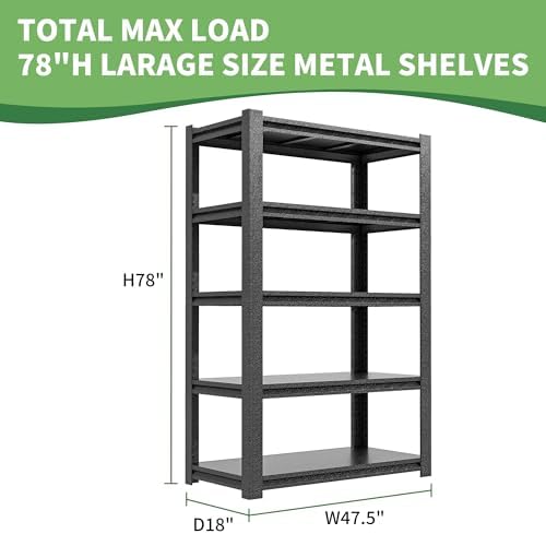 78" H Garage Shelves, Garage Shelving Heavy Duty, 3000Lbs 5 Tier Adjustable Garage Storage Shelves Suitable for Warehouse, Basement, Workshop,Require Assembly, 18" D*48" W *78" H(Black)