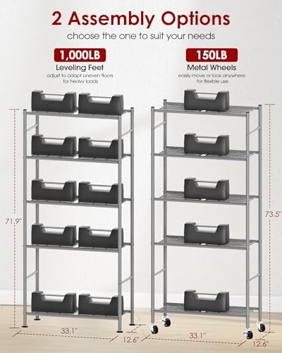 Sakugi 5-Tier Storage Shelves 33.1" x12.6' x73.5 Silver with Wheels