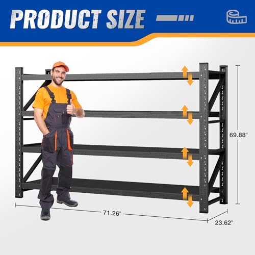 BYNSOE Heavy Duty Storage Shelving Unit 71''W, 4 Tier Adjustable Garage Shelving Rack, 5000 lbs Capacity Steel Storage Rack, Shelves for Garage, Basement, Warehouse71 W X 24" D X 69" H