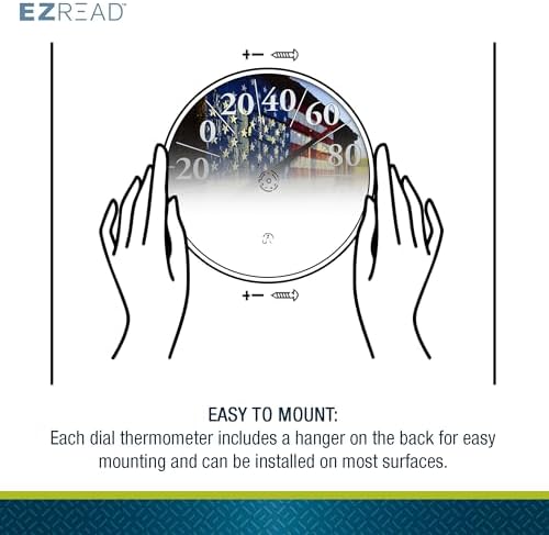EZREAD Hanging Dial Thermometer 840-1232 Weather Thermometers for Indoor and Outdoor Use, Large 12.5 Inch Diameter, Easy to Read Numbers, American Flag on Barn