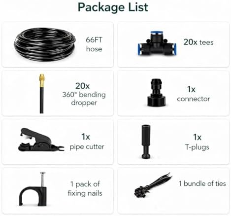 360° Adjustable Drip Irrigation System - 66FT Compatible 1/4" Irrigation System, Garden Watering Atomizing System with 20pcs Nozzles, Greenhouse Accessories for Yard, Lawn, Plants, Garden (66Ft)