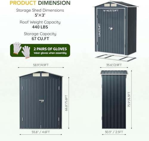 Breezz Vertical Outdoor Steel Storage Shed with Floor Frame, 5 x 3 ft