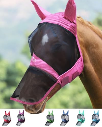 Harrison Howard CareMaster Pro Luminous Horse Fly Mask Large Eye Space Long Nose with Ears UV Protection for Horse Light Pink M Cob