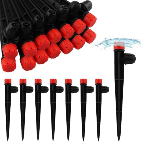 30 PCS Drip Irrigation Emitters with Stakes, 1/4 in Push-to-Connect Drippers, Adjustable 360° Water Output for Garden and Plant Watering(Color:Red)