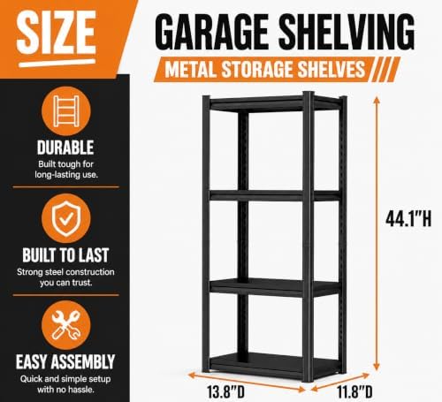 Metal Garage Shelving Unit, Heavy Duty Adjustable Storage Shelves, Steel Shelving, 2000 lbs Capacity Shelves for Heavy Tools and Equipment, 4 Tier, 13.8" W × 11.8" D × 44.1" H