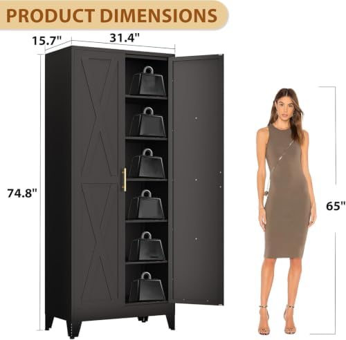 75" Metal Kitchen Pantry Storage Cabinet with 2 Doors and 5 Adjustable Shelves,Black Farmhouse Pantry Cabinet,Steel Garage Tool Cabinet Freestanding Cupboard for Kitchen,Dinning Living Room