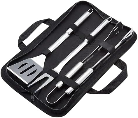 Amazon Basics 4-Piece Stainless Steel BBQ Grilling Tool Set with Carry Bag, Rust-Resistant, Dishwasher Safe