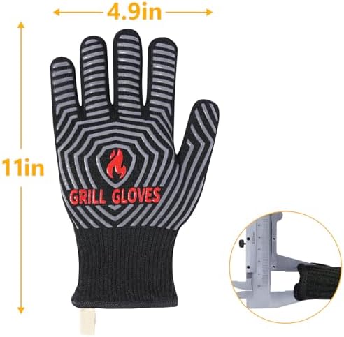 QUWIN BBQ Gloves, 1472°F Heat Resistant Grilling Gloves Silicone Non-Slip Oven Mitts, Kitchen Gloves for BBQ, Grilling, Cooking, Baking(One Size Fits Most, Black)- 1 Pair