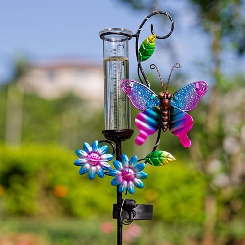 Solar Rain Gauge with 5-Inch Glass Tube, Butterfly Decor
