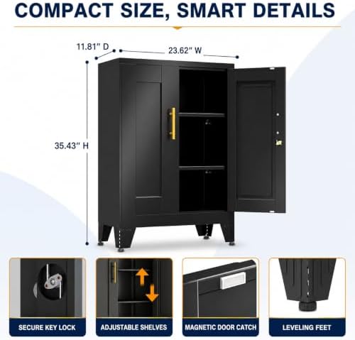 Small Metal Storage Cabinet, Lockable Tool Cabinet with Doors and 2 Shelves
