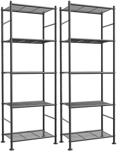 Sakugi Storage Shelves - Set of 2, 5-Tier Metal Shelf Organizer, Space-Saving Garage Shelving with Leveling Feet, Standing Shelves Organizer for Kitchen, Laundry, Pantry (18.4" x 12.6" x 57.4", Black)