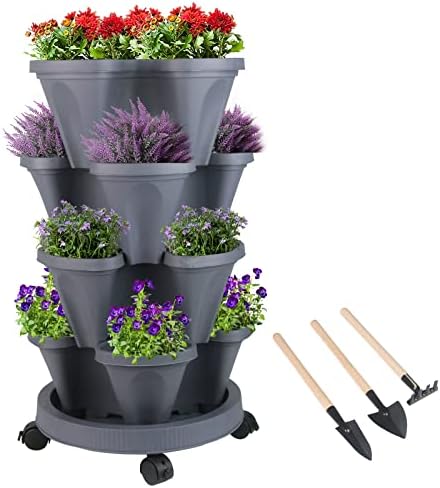 GameXcel Vertical Planter Tower - 4 Tier Stackable Garden Planters with Wheels and Tools Plant Pots for Strawberry Herb Flower and Vegetable Indoor Outdoor Use Dark Gray