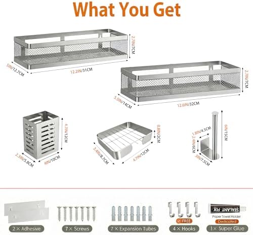 PUSDON 5-in-1 Wide Wall Mount Wrapped Mesh Kitchen Organizer & Shower Caddy Kit, with Paper Towel Holder, Utensil Holder, Soap Dish, Heavy Duty 50LBS - Silver Gray, Netting