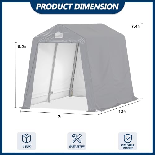 COVERONICS 7' x 12' Outdoor Portable Storage Shelter Shed, Grey
