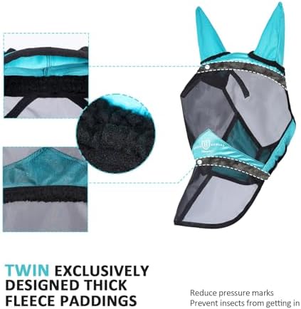 Harrison Howard Pro Luminous Horse Full Face Fly Mask Large Eye Space Long Nose with Ears UV Protection for Horse Teal M