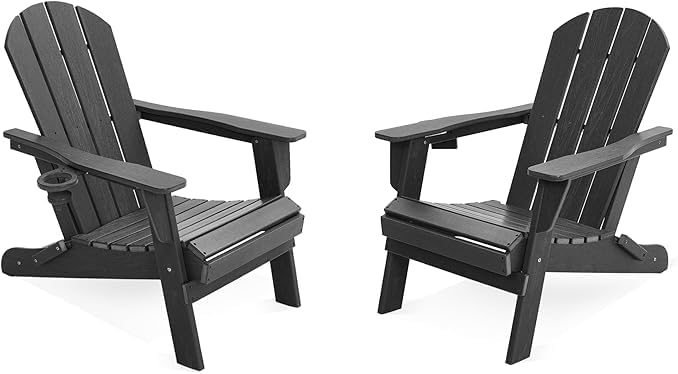 LOUNZY Folding Adirondack Chair Set of 2, HDPE All-Weather Folding Patio Chair with Cup Holders, Outdoor Patio Adirondack Chair for Deck Lawn Fire Pit, Gray