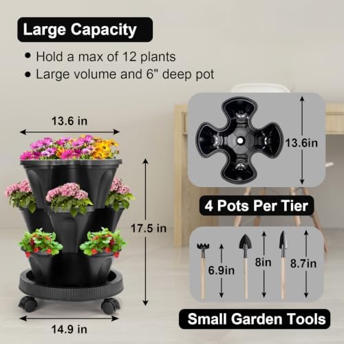GameXcel Vertical Planter Tower - 3 Tier Stackable Garden Planters with Wheels and Tools Plant Pots for Strawberry Herb Flower and Vegetable Indoor Outdoor Use Black