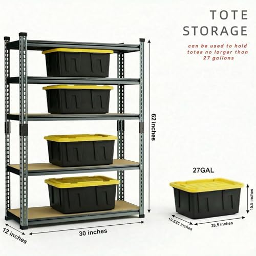 Garage Shelving Heavy Duty, 2450LBS Metal Storage Shelves 5 Tier, Adjustable Shelving Unit 30" W x 12" D x 62" H, Boltless Garage Storage Rack for Grage Basement, Pantry, Warehouse 1Pcs
