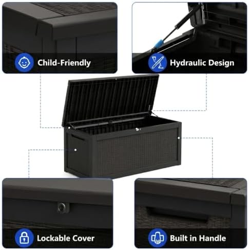 320 Gallon Outdoor Storage Box Resin Deck Box All Weather Waterproof Large Lockable Storage Container Deck Box for Patio Cushions, Garden Tools, Lockable, Black New
